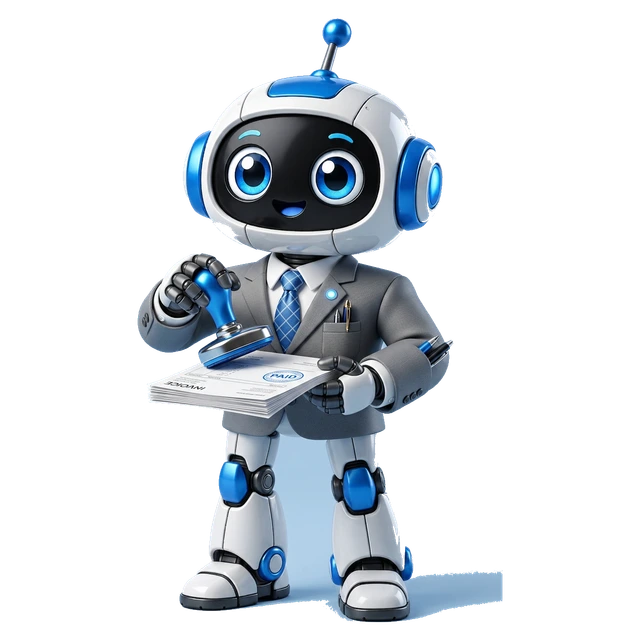 Invoice agent Hatchy in a grey suit and tie, stamping a stack of invoices as paid