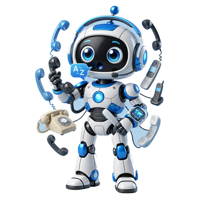 Support agent Hatchy in a headset, answering a call with telephone handsets all around