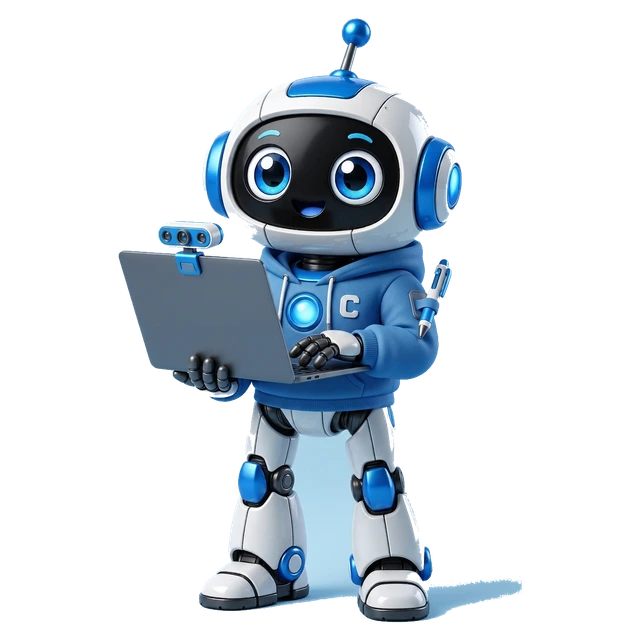 Website agent Hatchy in a blue hoodie, typing on an open laptop